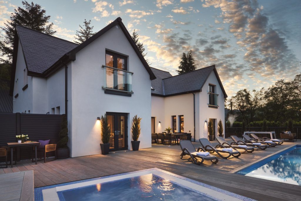 Swimming pool at dusk